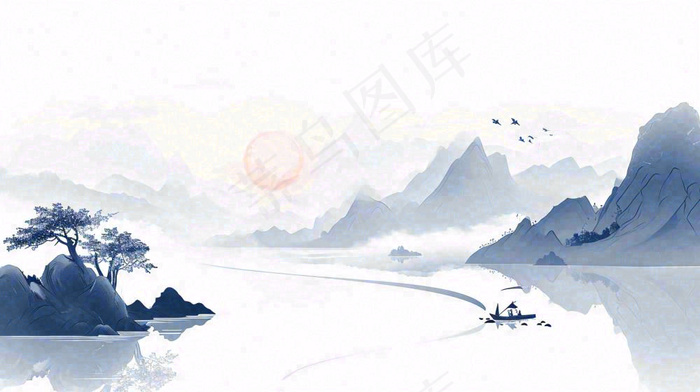 山水画简约白色河面插画手绘，中国风古风(1456x816)