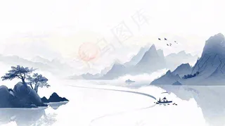 山水画简约白色河面插画手绘，中国风古风