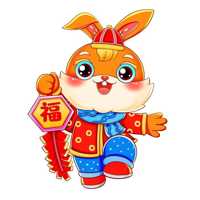 国潮兔年春节新年提鞭炮的兔子元素素材免扣