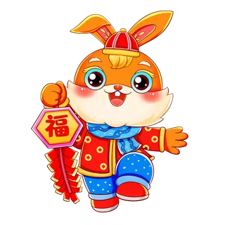 国潮兔年春节新年提鞭炮的兔子元素素材免扣