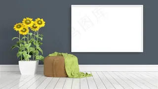 向日葵与墙上空白画框创意高清图片