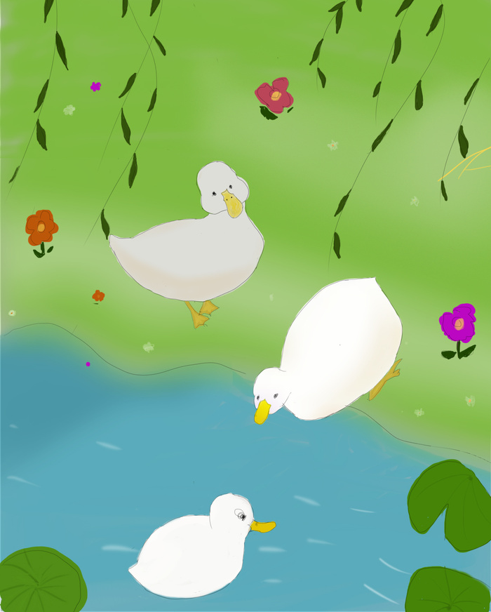 手绘小鸭喝水鸭春天psd模版下载