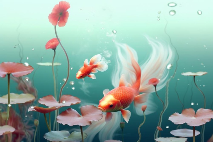 简约金鱼粉色花水花背景(1344x896)