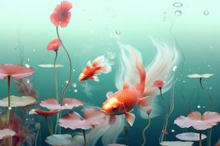 简约金鱼粉色花水花背景