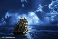 夜晚电闪雷鸣海上帆船风景图片