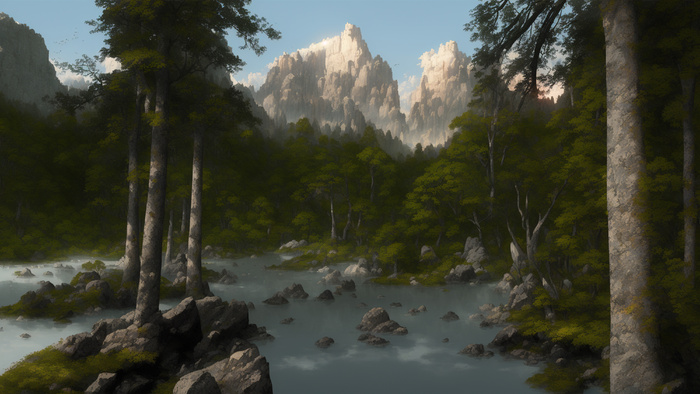 美丽大气写意风景背景壁纸插画-林间小溪