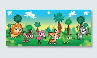 卡通动物排队站