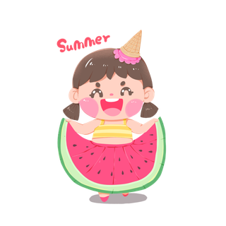 手绘夏季夏至大暑小暑西瓜裙小女孩