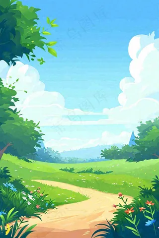 春天郊外旅行蓝天白云清新草地手绘，春分