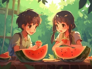 夏日卡通插画儿童吃西瓜动漫风背景