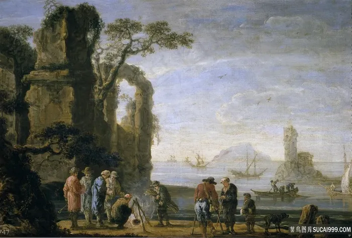 湖畔人物油画美景