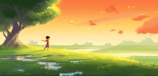 阳光下大树下的孩子草原背景