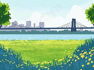 城市河边草地交通风景，春天阳光蓝天白云手绘插画
