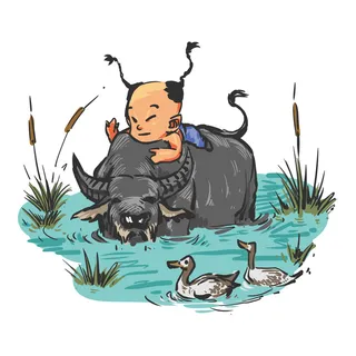 清明清明节卡通牧童骑着牛下水