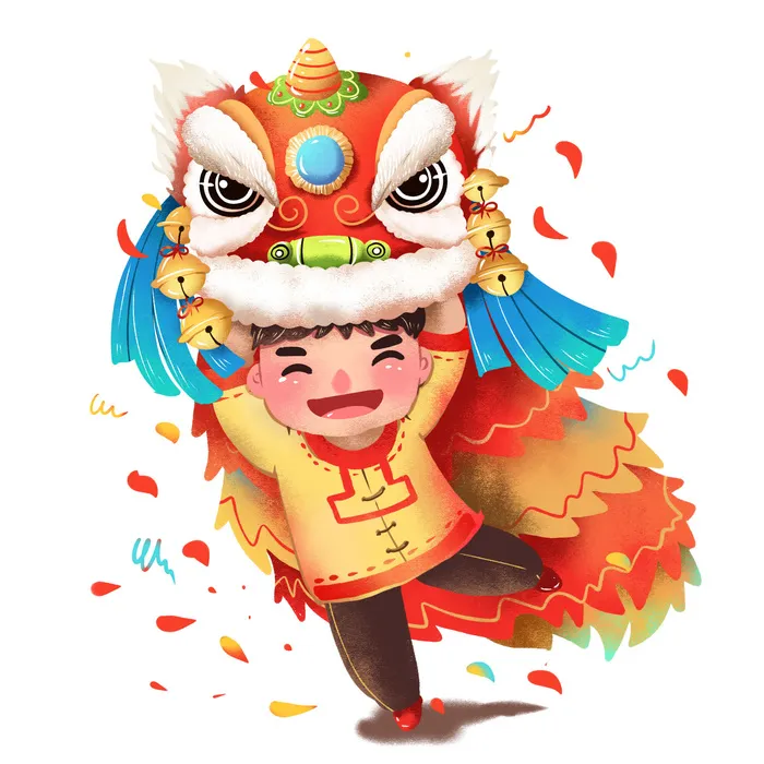 新年春节虎年元宵手绘人物舞狮卡通狮子头插画元素PSD设计素材psd模版下载