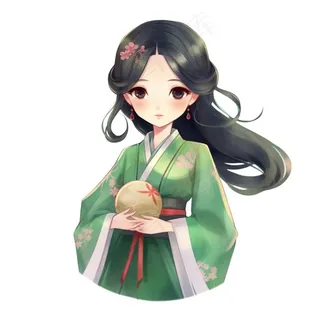 古风少女绿衣裙插画免抠