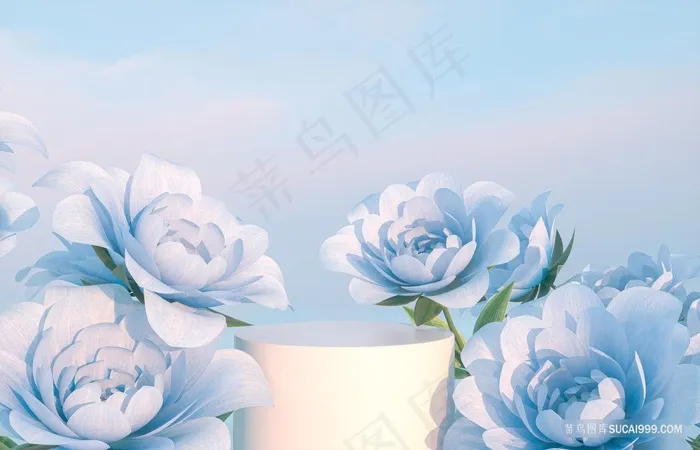 梦幻唯美蓝色花朵电商展台场景海报背景图片