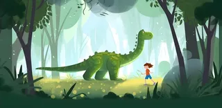 恐龙儿童大自然森林奔跑插画海报素材背景