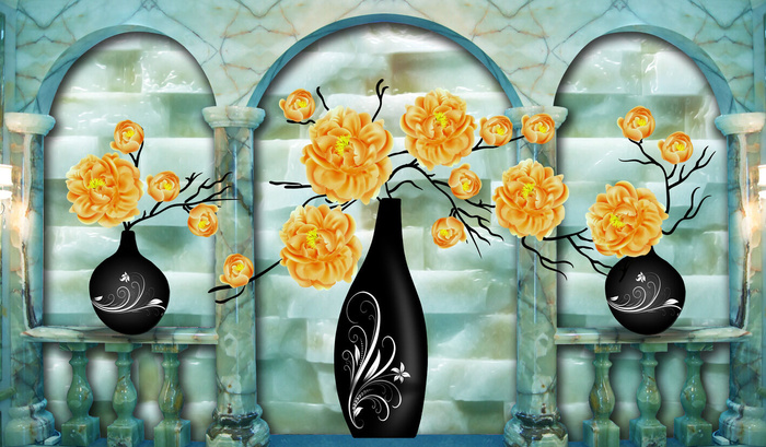 三联黄花花瓶装饰画