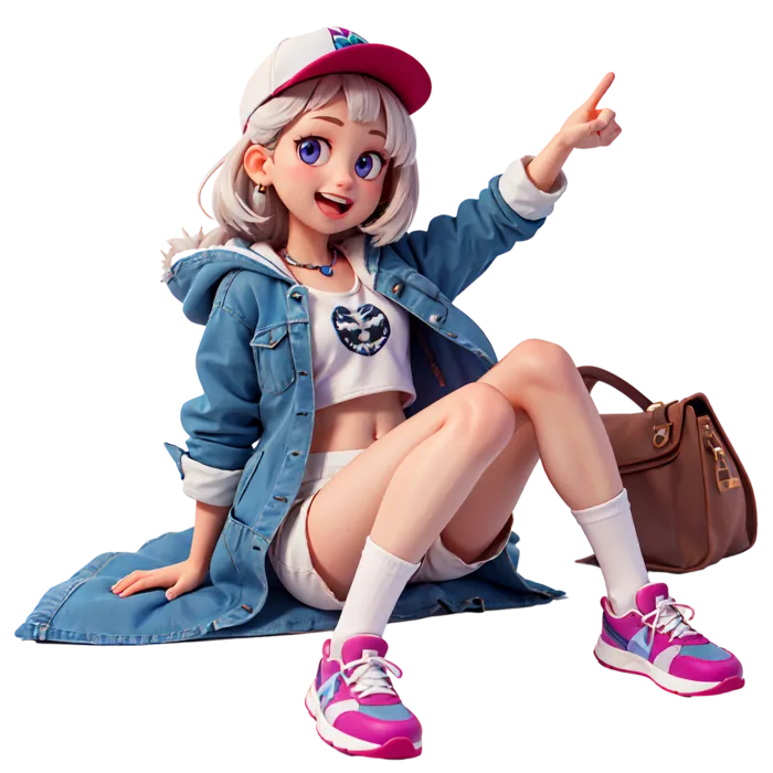 动漫牛仔大衣坐姿女孩开心免扣元素