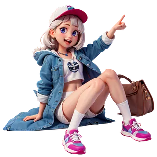 动漫牛仔大衣坐姿女孩开心免扣元素