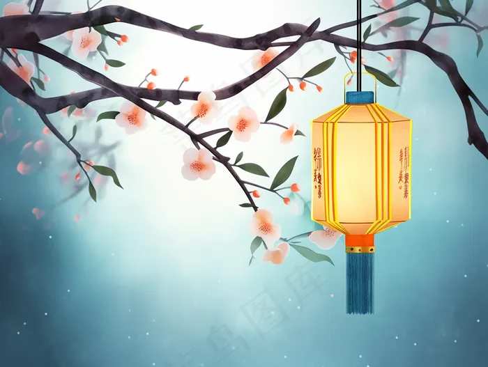 古风树枝挂灯笼花枝头插画素材(3696x2784)