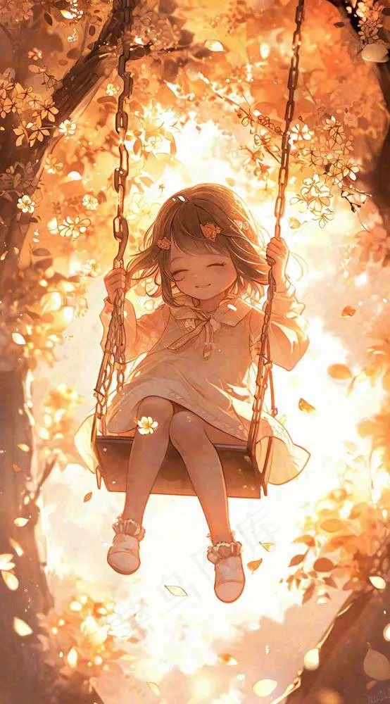 秋天落叶季节少女玩耍荡秋千，秋分儿童(816x1472)
