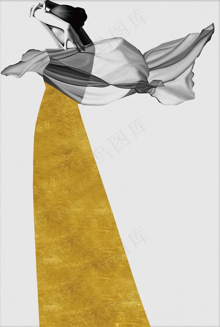 灰色纱布金色裙子美女装饰画