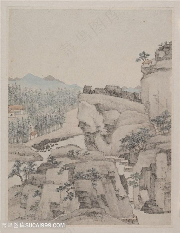 清代画家萧云从山水册页山下农家国画图片