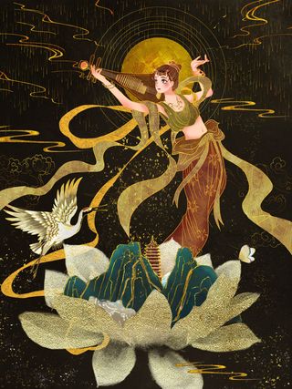 复古中国风国潮神话人物敦煌插画仙女手绘海报背景PSD设计素材