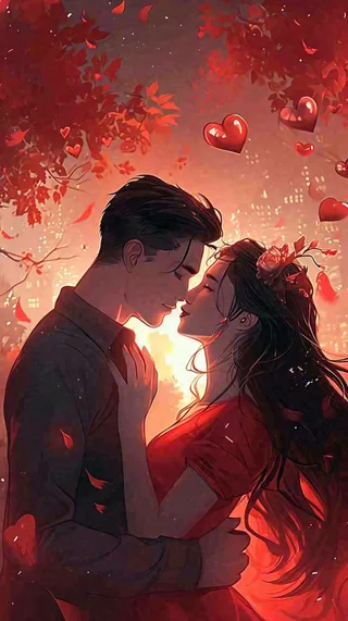 情人节情侣爱情红色爱心玫瑰，亲吻520心形