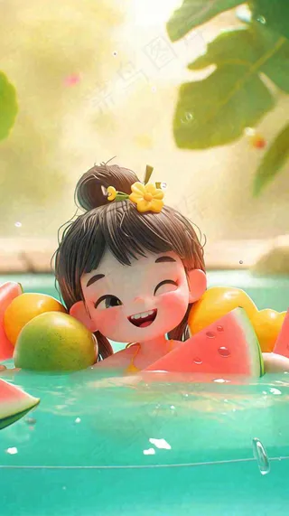 夏日清爽游泳儿童戏水，水果西瓜清凉，夏至大暑小暑