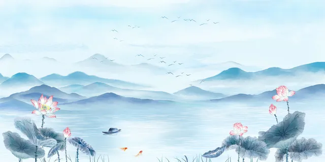 蓝色中国风水墨山水荷花夏天展板背景