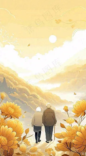 端午节老人相伴到老，菊花黄色花朵，落日山脉