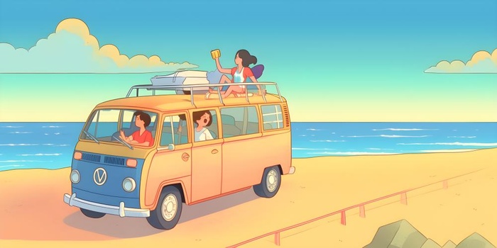 开车旅行海边公路天空云朵插画背景(3600x1800)