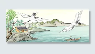 丹顶鹤风景绘画PSD素材