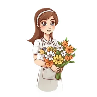 护士医生拿着花手绘插画免抠