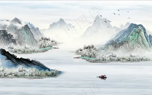 中国风山水花鸟日出帆船鸿运当头天外有天客厅卧室玄关画酒店装饰画壁画挂画