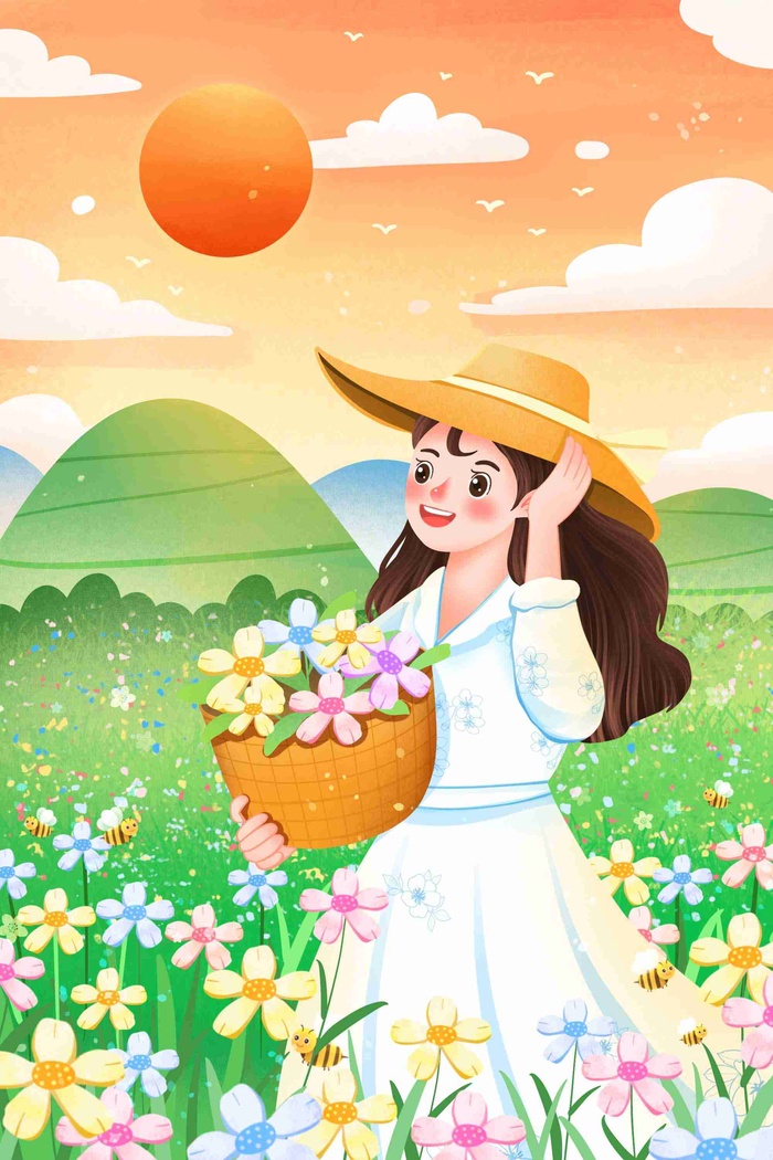 唯美清新处暑花海旅游的女孩插画