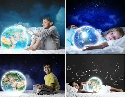 在床上的儿童与地球高清图片 在床上的儿童与地球高清图片