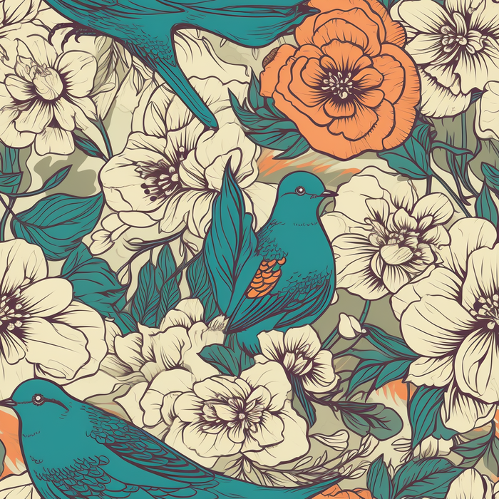 花鸟图，插画风格，无缝贴图，素材