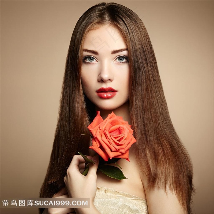 拿玫瑰花的披肩发美女摄影高清图片