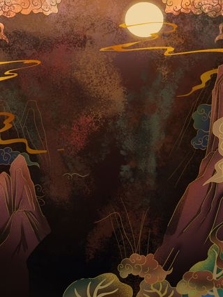 国潮中国风复古敦煌岩彩山水祥云插画烫金肌理背景PSD设计素材