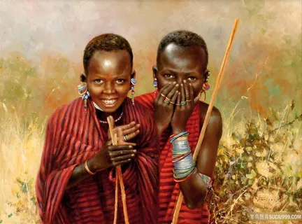 黑人男孩风景画油画