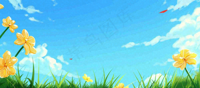 春天清新草地小花蓝天白云，鲜花向阳手绘插画(1632x720)