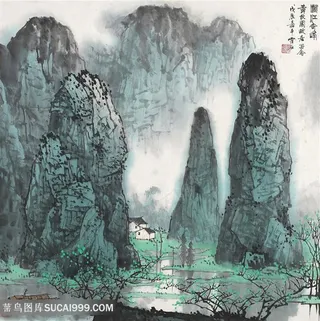 白雪石水墨山脉高清艺术装饰画