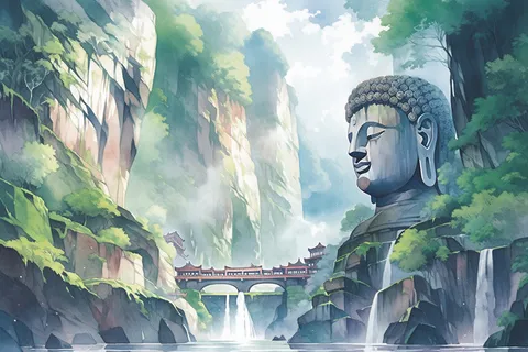 乐山大佛风景水彩佛像远景翠绿色插画