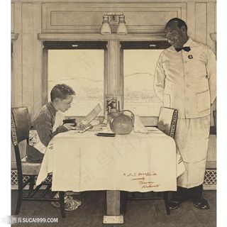 诺曼 · 洛克威尔手绘火车餐桌玩电脑的男孩