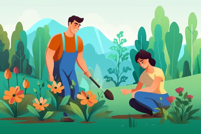 少年们正在植树绿色卡通插画(x)