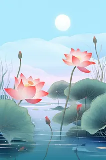 蓝色光影清新荷花背景